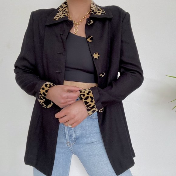 80s Black Cheetah Print Trim Peacoat - Picture 3 of 8